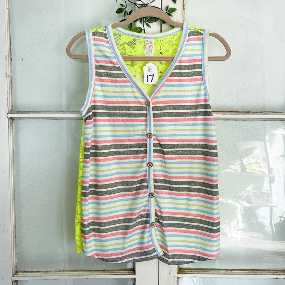 Striped Sleeveless Top with Neon Yellow Lace